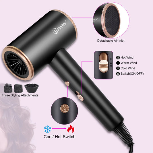 Hatteker Black Negative Ion Hair Dryer Multi-stage Adjustment Powerful Hair Dryer