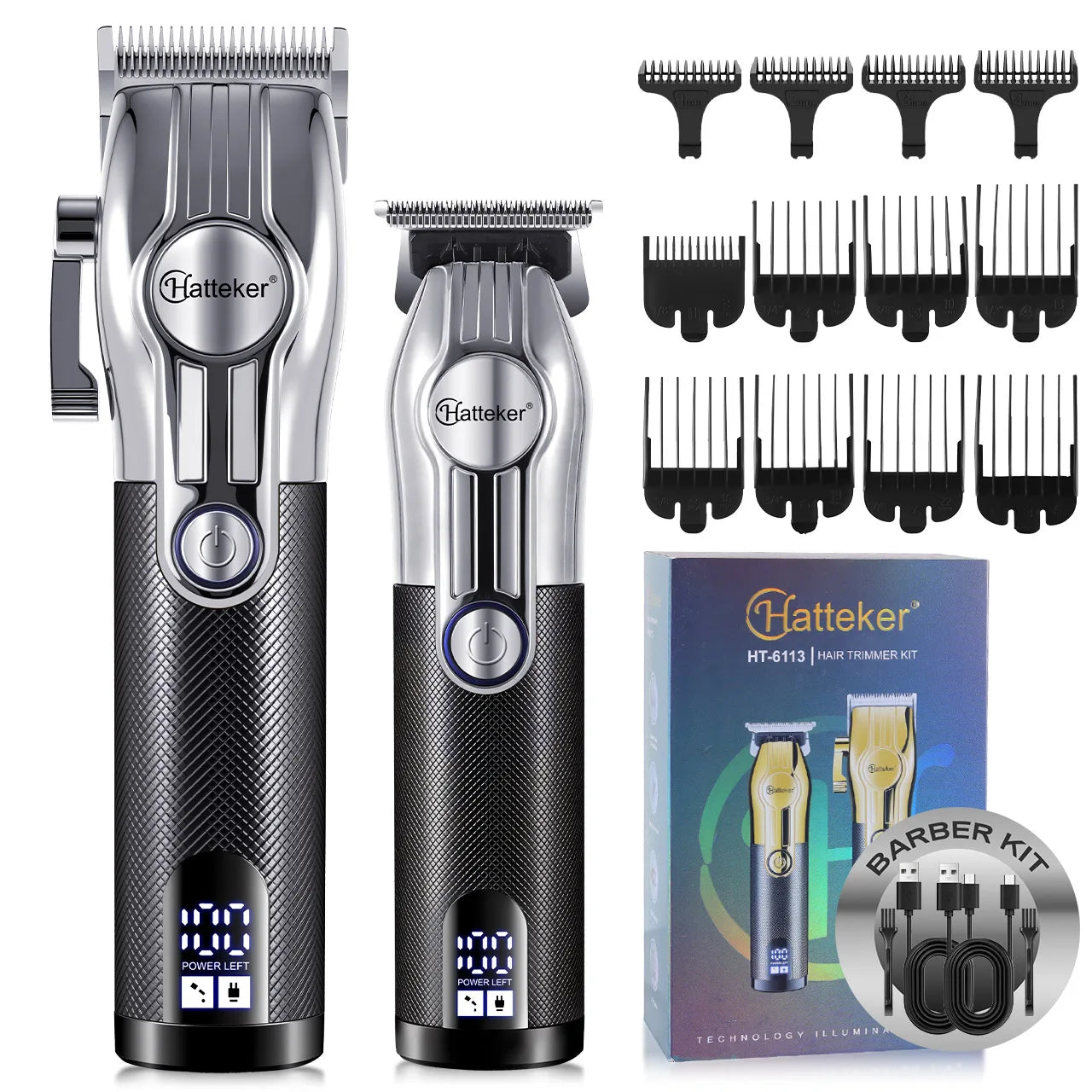 Hatteker HT-6113 USB Rechargeable Electric Hair Clippers LED Display Hair Trimmer 2-piece Grooming Set Father's Day Gift Slliver