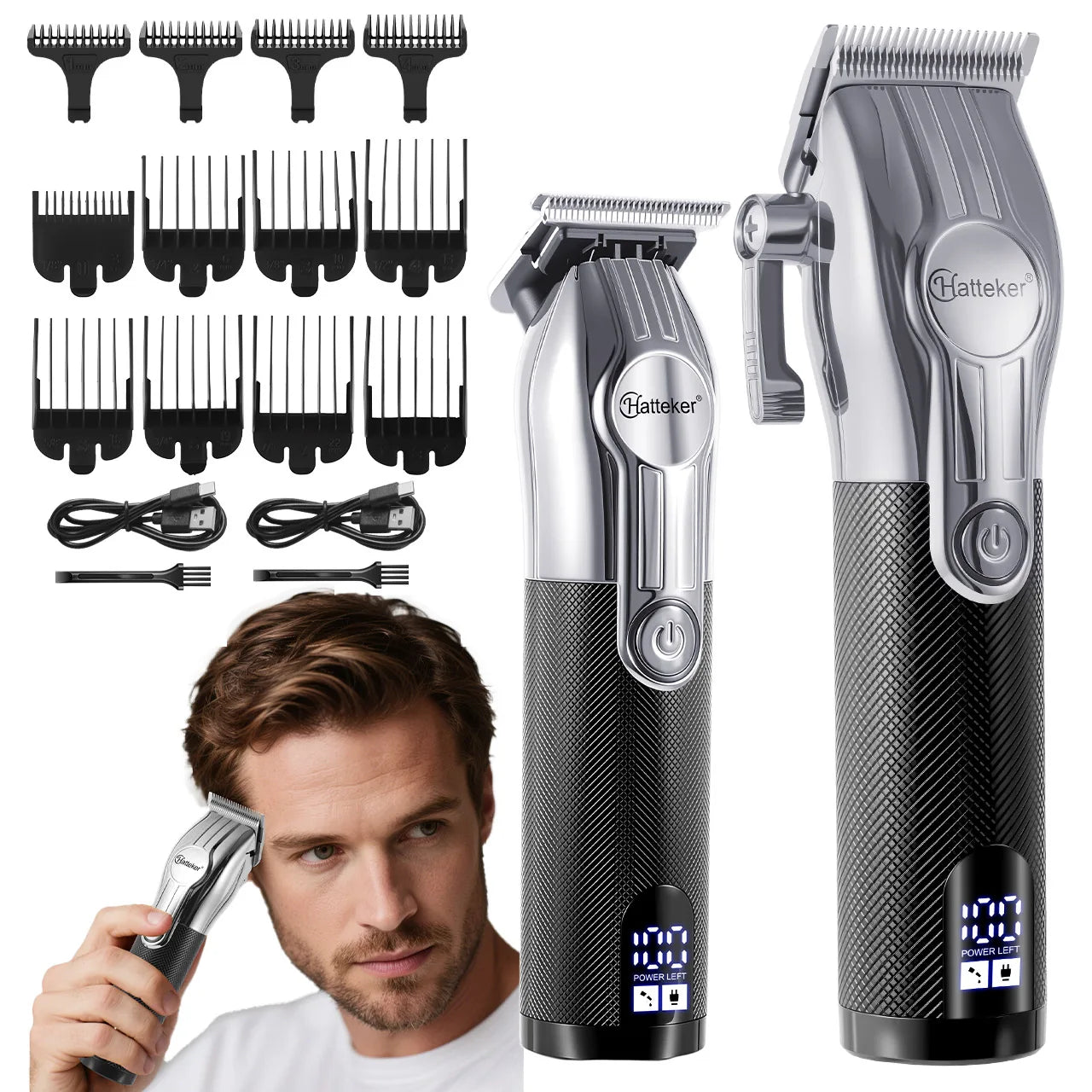 Hatteker HT-6113 USB Rechargeable Electric Hair Clippers LED Display Hair Trimmer 2-piece Grooming Set Father's Day Gift Slliver