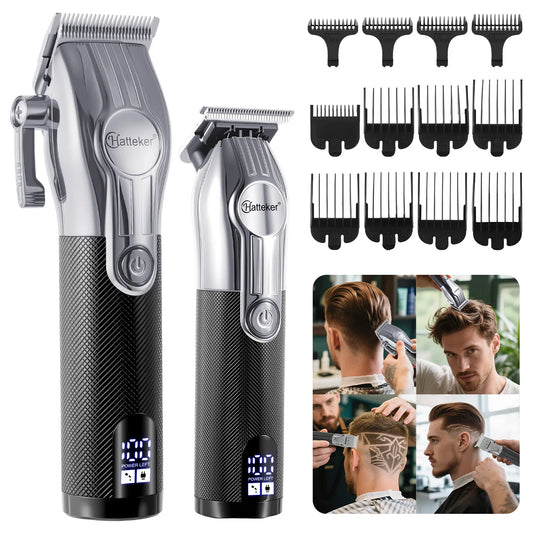 Hatteker HT-6113 USB Rechargeable Electric Hair Clippers LED Display Hair Trimmer 2-piece Grooming Set Father's Day Gift Slliver