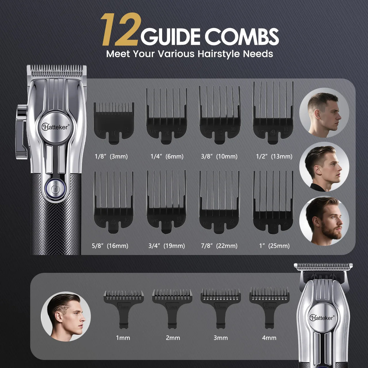 Hatteker HT-6113 USB Rechargeable Electric Hair Clippers LED Display Hair Trimmer 2-piece Grooming Set Father's Day Gift Slliver