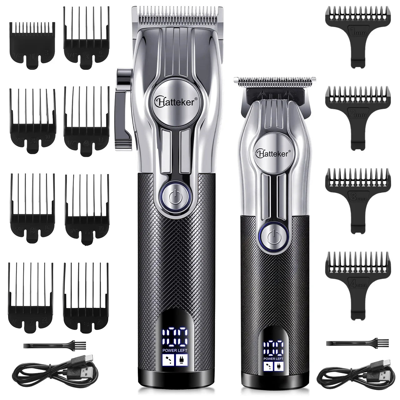 Hatteker HT-6113 USB Rechargeable Electric Hair Clippers LED Display Hair Trimmer 2-piece Grooming Set Father's Day Gift Slliver
