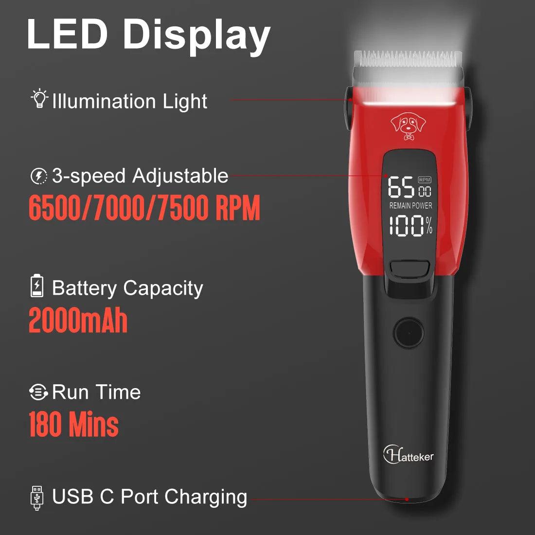 Professional Pet Hair Clipper - Rechargeable Low-Noise Grooming for Dogs & Cats, Ceramic Blade - HATTEKER