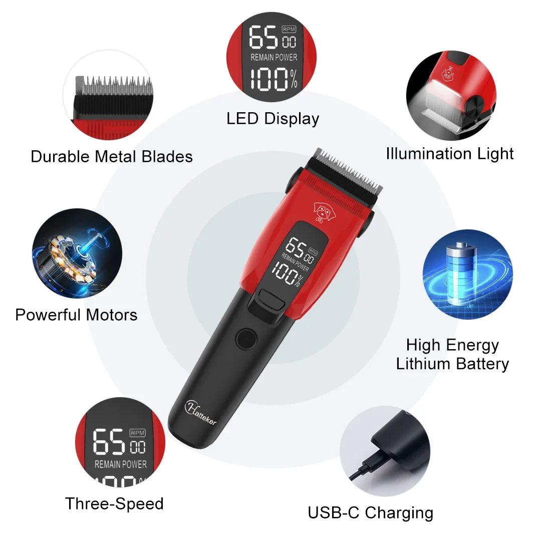 Professional Pet Hair Clipper - Rechargeable Low-Noise Grooming for Dogs & Cats, Ceramic Blade - HATTEKER