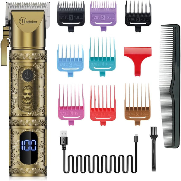 Hatteker Professional Cordless Rechargeable Hair Trimmer Eletric Beard Shaver Barber Gromming Kit LED Display (Gold)