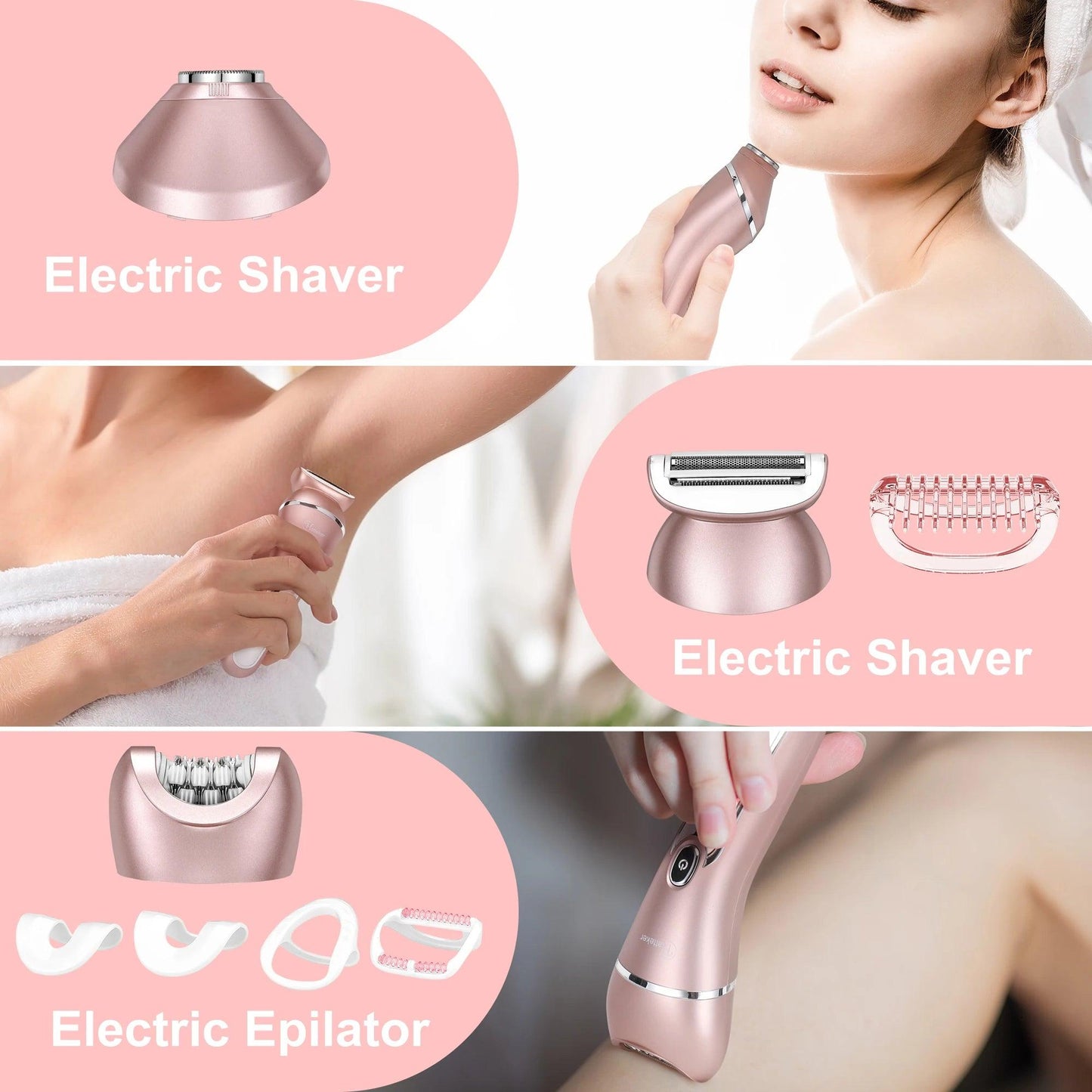 HATTEKER Electric Epilator Hair Removal for Women 3 in 1 Shaver for Legs Arms Underarms Bikini Public Rechargeable - HATTEKER