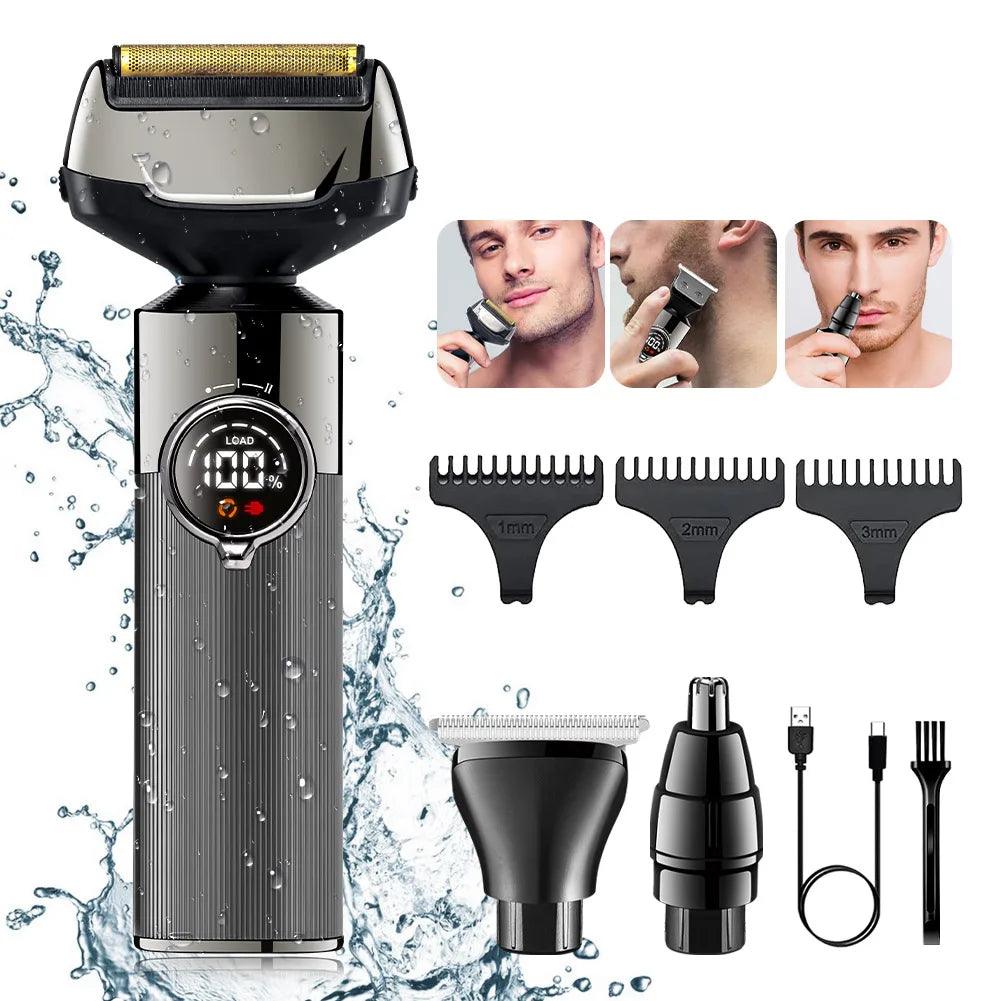 Electric shaver 3 in 1 beard grooming set for men waterproof cordless hair trimmer USB charging nose trimmer - HATTEKER