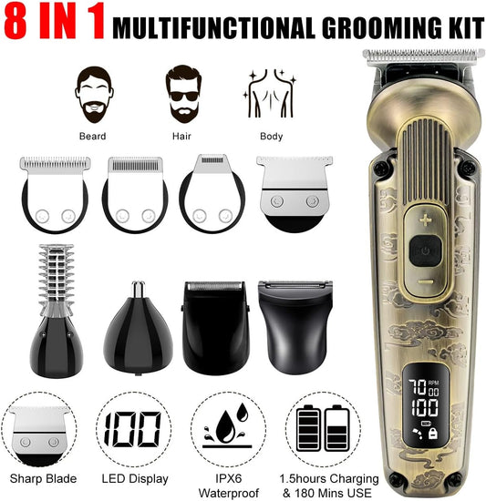Hatteker Beard Trimmer Mustache Trimmer for Men 8 in 1 Adjustable Speed Waterproof Hair Clipper T-Blade Electic Razor Shavers Cordless Mens Gift Grooming Kit with Face Nose Body (Bronze)
