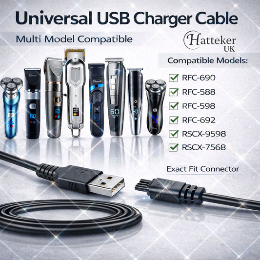 Hatteker USB charger cable compatible with multiple RFC models connected to trimmer