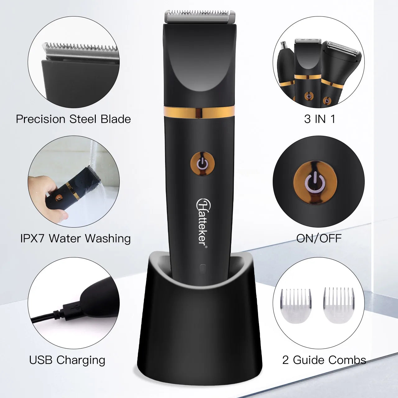 Hatteker Cordless Electric Shaver for Men Waterproof 3 in 1 Trimmer  Nose Hair USB Shaver Hair Trimmer