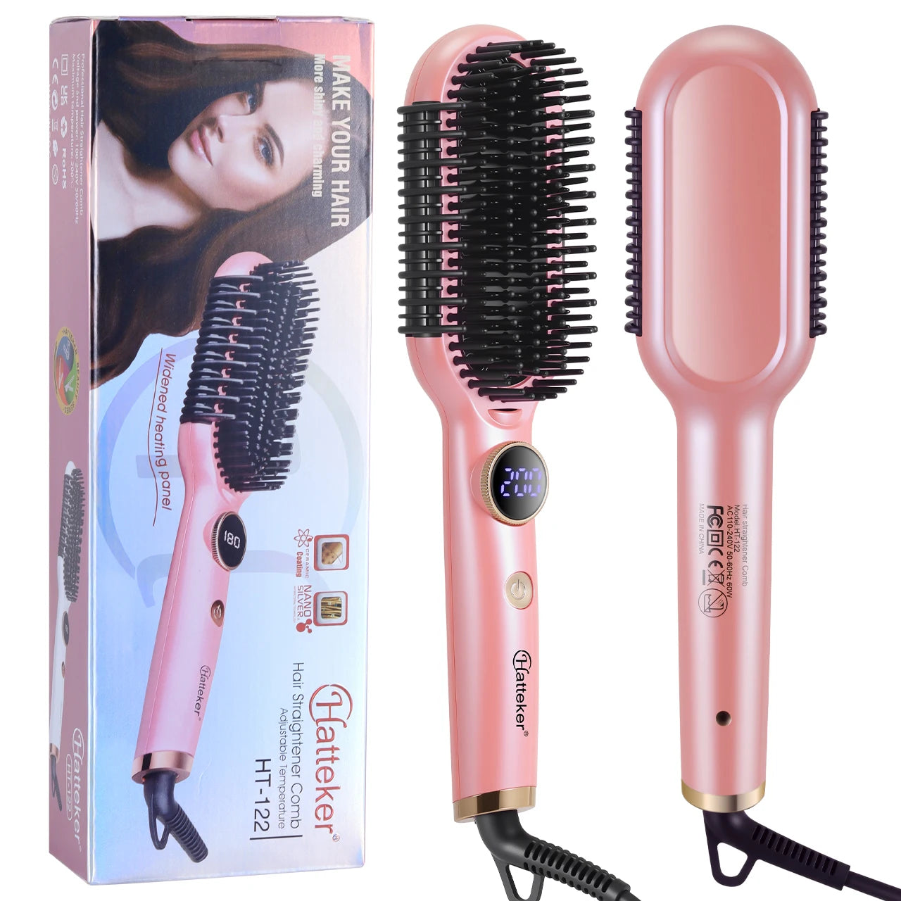 Hatteker Hair Straightener Brush Comb Hair Straightener Brush with LED Temperature Display