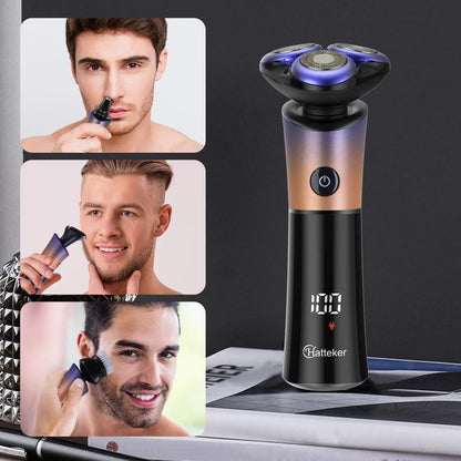 Hatteker Electric Shaver Mens Floating Rotary Blades Waterproof Rechargeable Professional 4 in 1 Facial Care Shaver