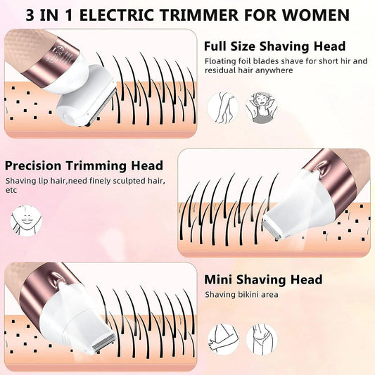 Electric Hair Removal for Women 3 in 1 Epilator Shaver for Legs Arms Underarms Bikini Public Hair Wet Dry Rechargeable - HATTEKER