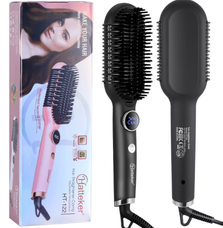 Hatteker Hair Straightener Brush Comb Hair Straightener Brush with LED Temperature Display