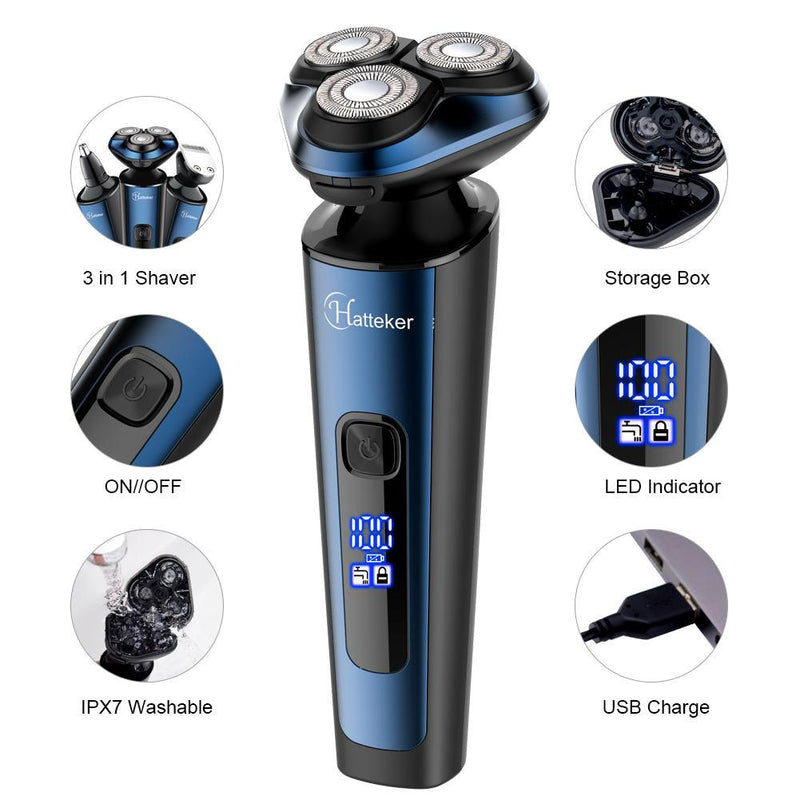 HATTEKER Mens Electric Shavers Razor Beard Trimmer Rotary Facail Nose Waterproof Rechargeable Cordless 3 in 1 - HATTEKER