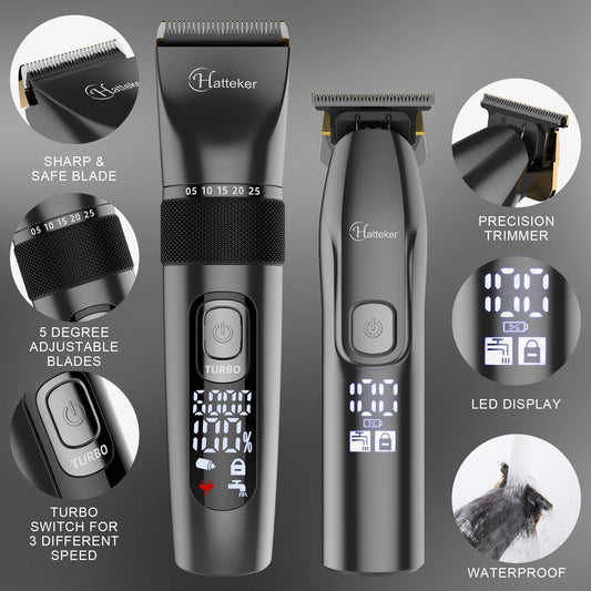 HATTEKER Hair Clippers and T-Blade Set Trimmer Kit Cordless Beard Barber Clipper Hair Cutting Kit Grooming Kit Waterproof - HATTEKER
