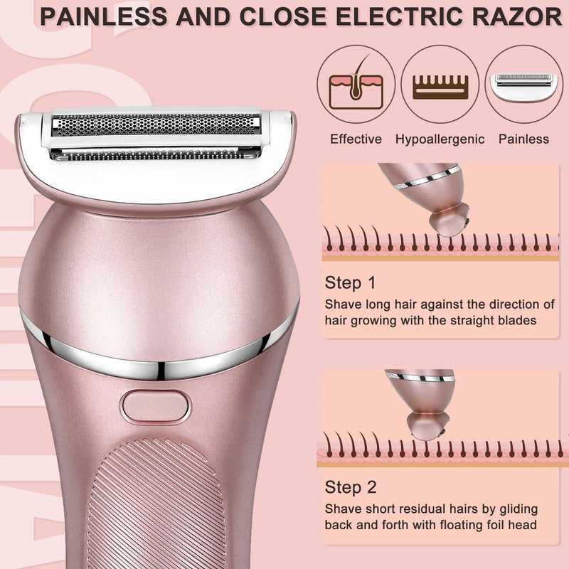 HATTEKER Electric Epilator Hair Removal for Women 3 in 1 Shaver for Legs Arms Underarms Bikini Public Rechargeable - HATTEKER