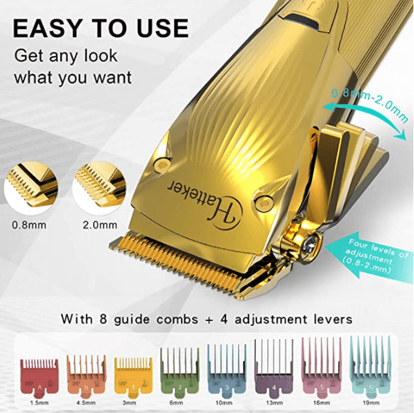 Hatteker Hair Clipper for Men  Professional Cutting Kit Barber Beard Trimmer with 8 Colorful Combs USB Rechargeable (Gold) - HATTEKER